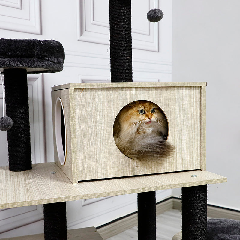 Luxury Wood Cat Condo with Plush Perch, Sisal Post, and Stable Base