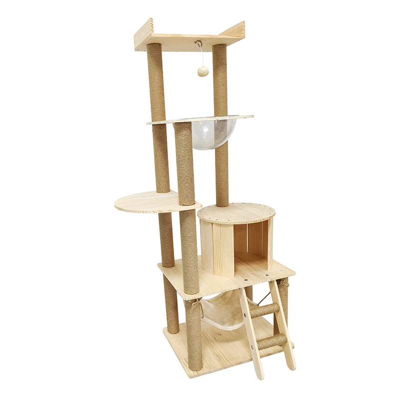 Multi-purpose space capsule solid wood cat tree