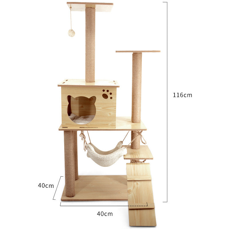 Multiple-level wooden cat tree with cat house and hammock