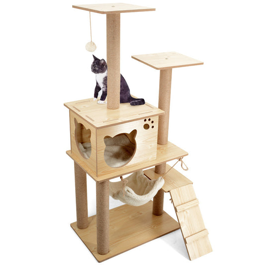 Multiple-level wooden cat tree with cat house and hammock