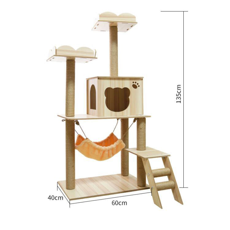 Multi-lever cat tower with stair and hammock