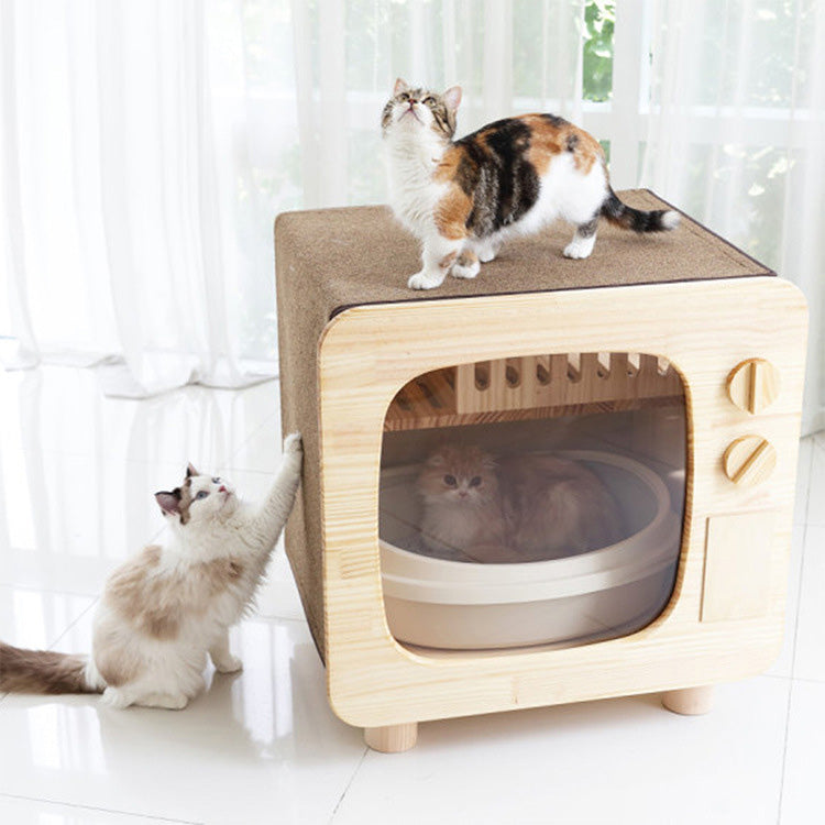 TV shape enclosed wood odor-proof cat toilet