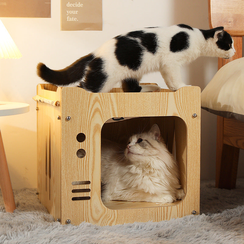 TV shaped solid wood cat house