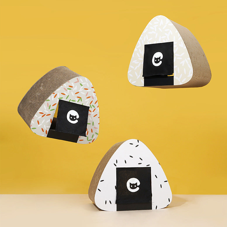 Onigiri shaped cat condo with scratching board