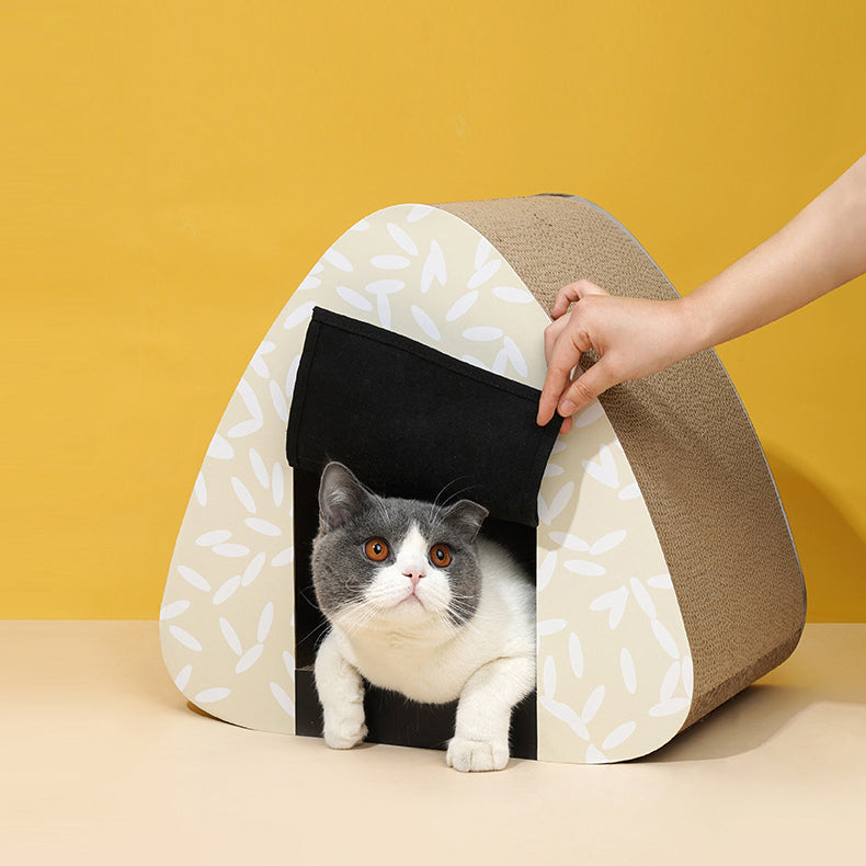 Onigiri shaped cat condo with scratching board