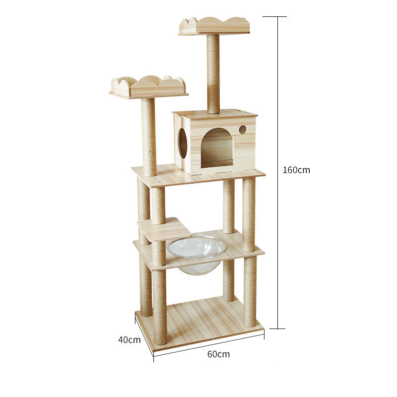 Wooden cat tree with house and capsule