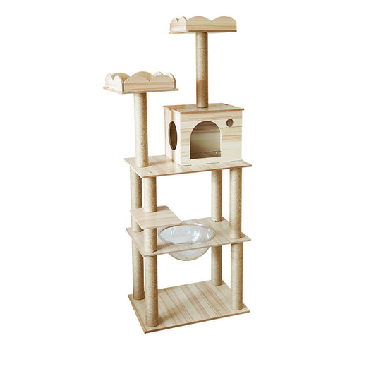 Wooden cat tree with house and capsule