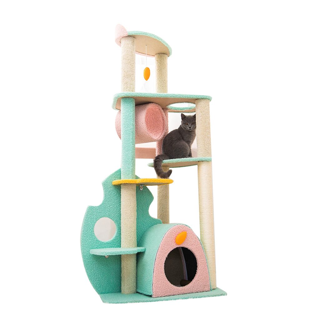 Colorful rainforest cat tree with flower tower