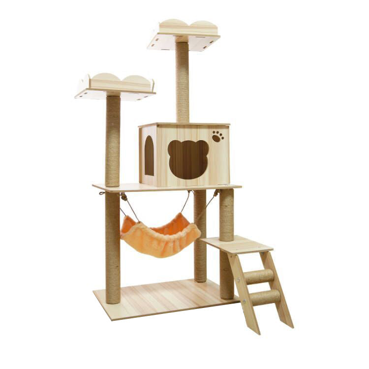 Multi-lever cat tower with stair and hammock