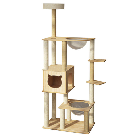 Wood cat tower with capsule nest