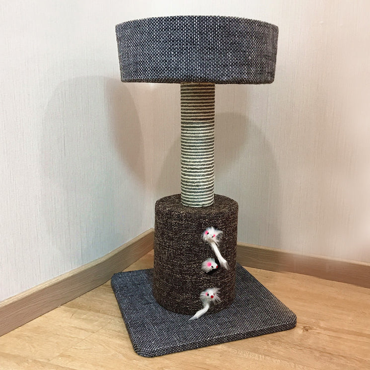 Small linen cat tree with  rope knot toy