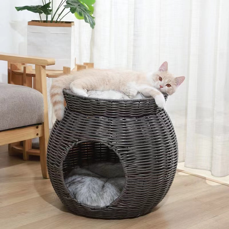 Rattan enclosed cat bed