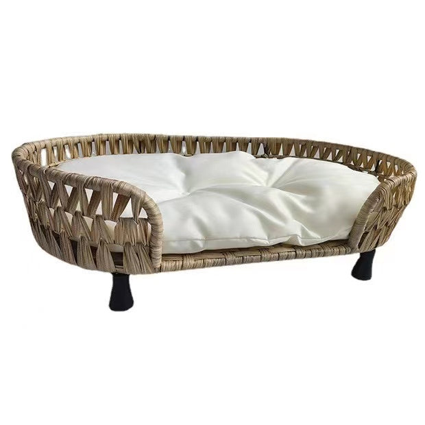 rattan-weaved oval pet bed with pp cotton mat