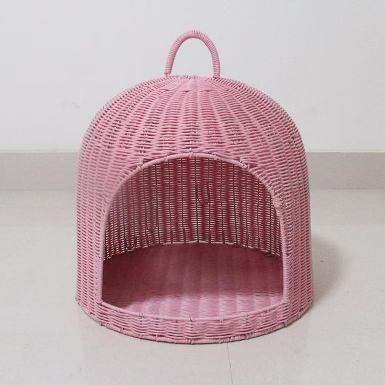 Birdcage shape rattan-weaved cat house with soft mat