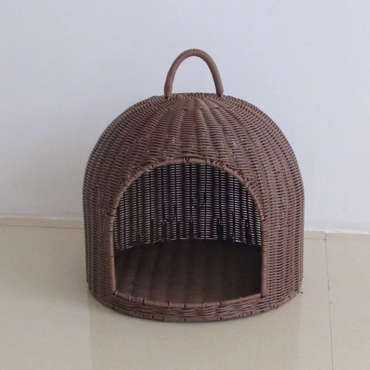 Birdcage shape rattan-weaved cat house with soft mat