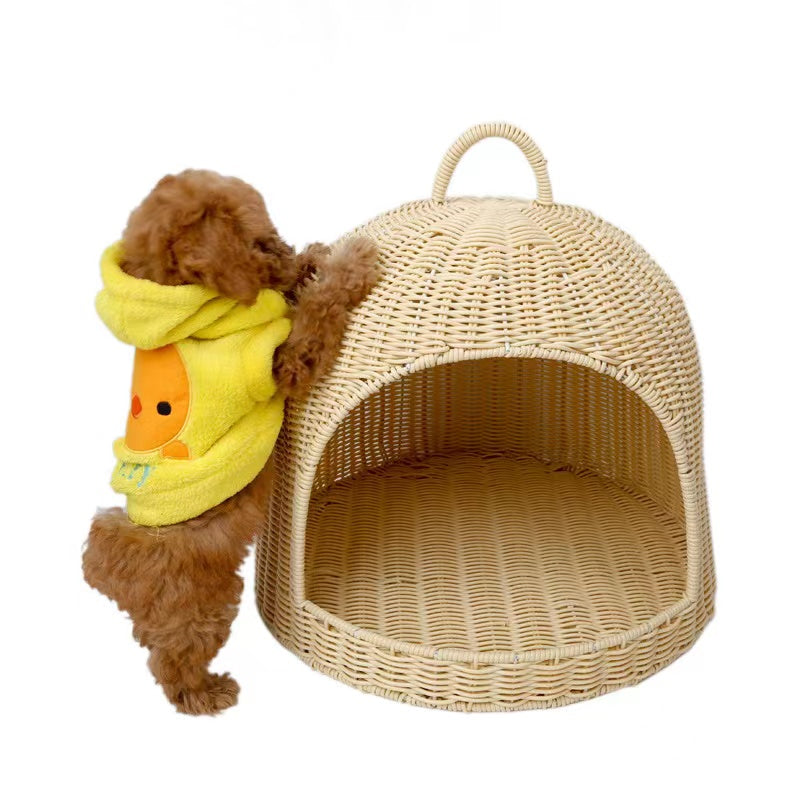 Birdcage shape rattan-weaved cat house with soft mat