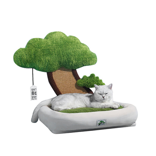 Pet bed with pine tree scratching board