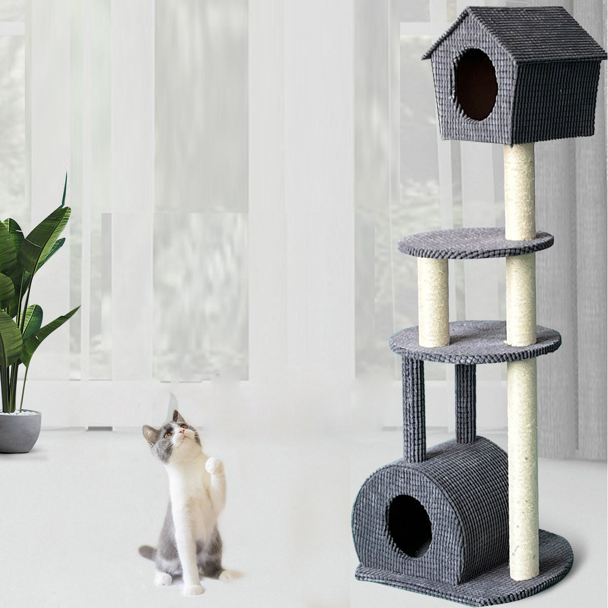 Dark gray large cat tree with top house