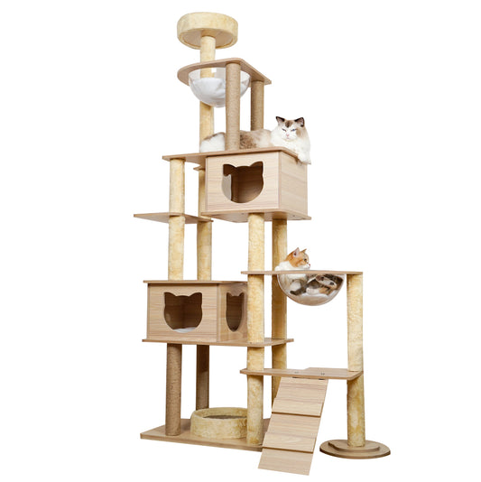 Multi-level wooden cat tree with capsule house