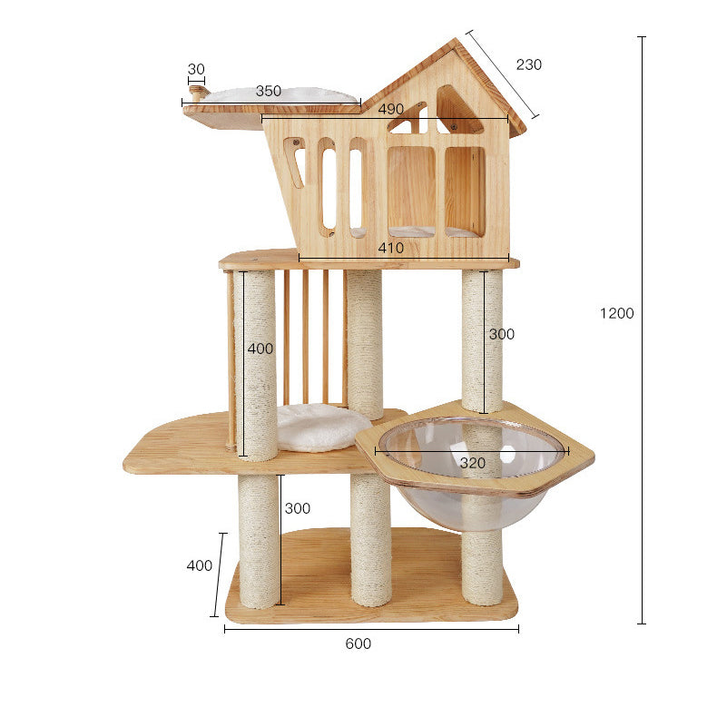 Wooden cat tree with large house and sleeping mat