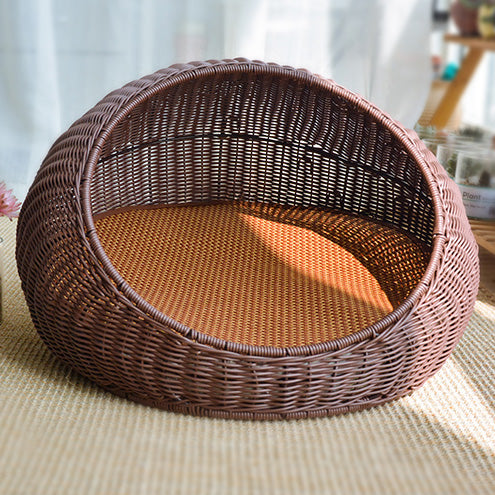 Semi-closed rattan-weaved cat bed with soft mat