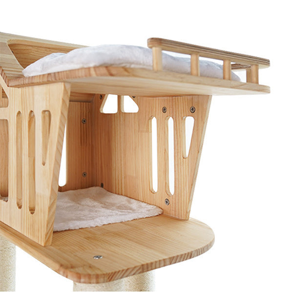 Wooden cat tree with large house and sleeping mat