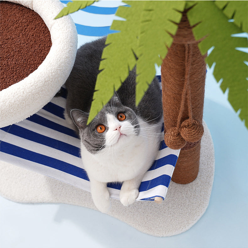 Coconut tree cat scratch stand with hammock