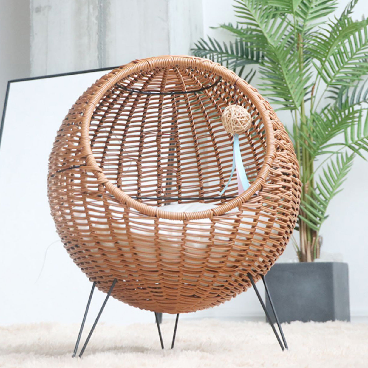 regular rattan-weaved hemispheric pet kennel with mat