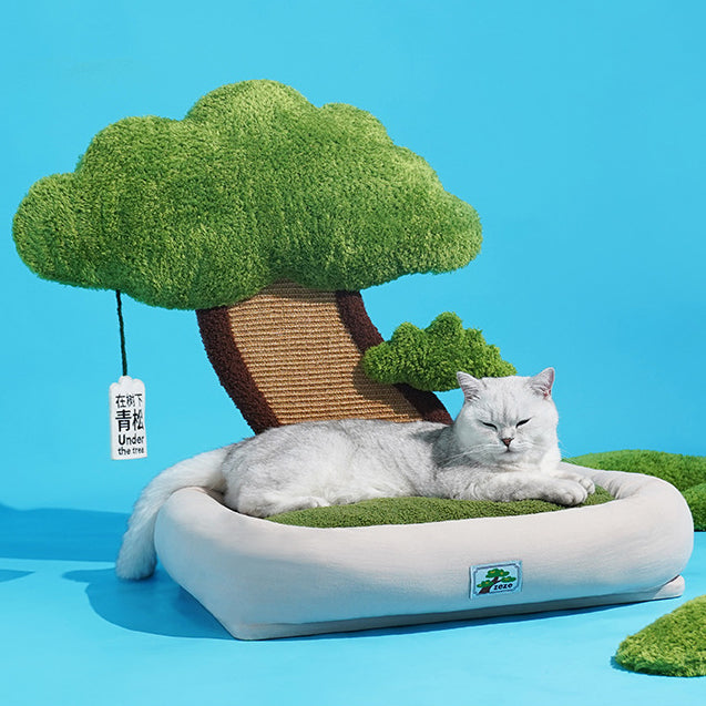 Pet bed with pine tree scratching board