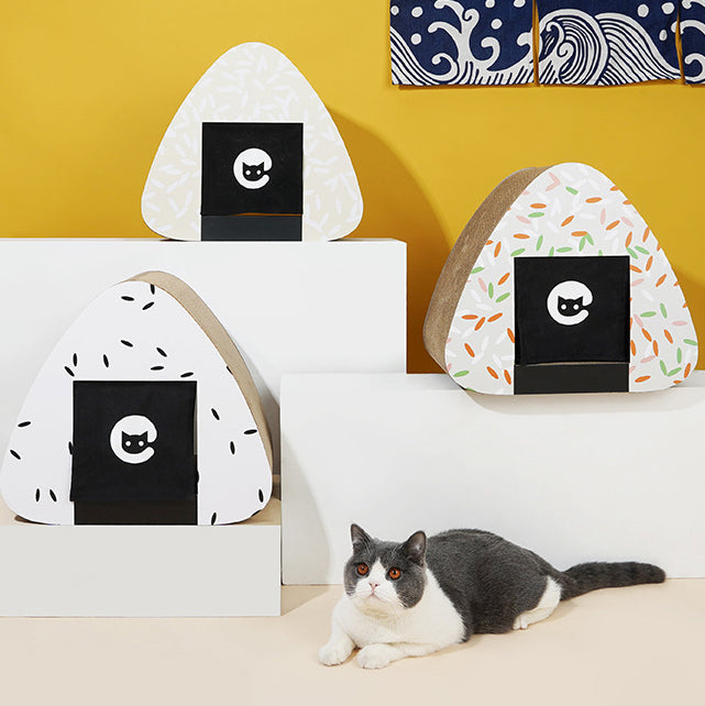 Onigiri shaped cat condo with scratching board