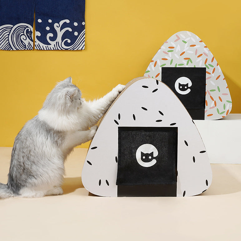 Onigiri shaped cat condo with scratching board