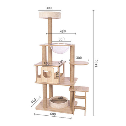 Multi-level wooden cat tree with capsule house