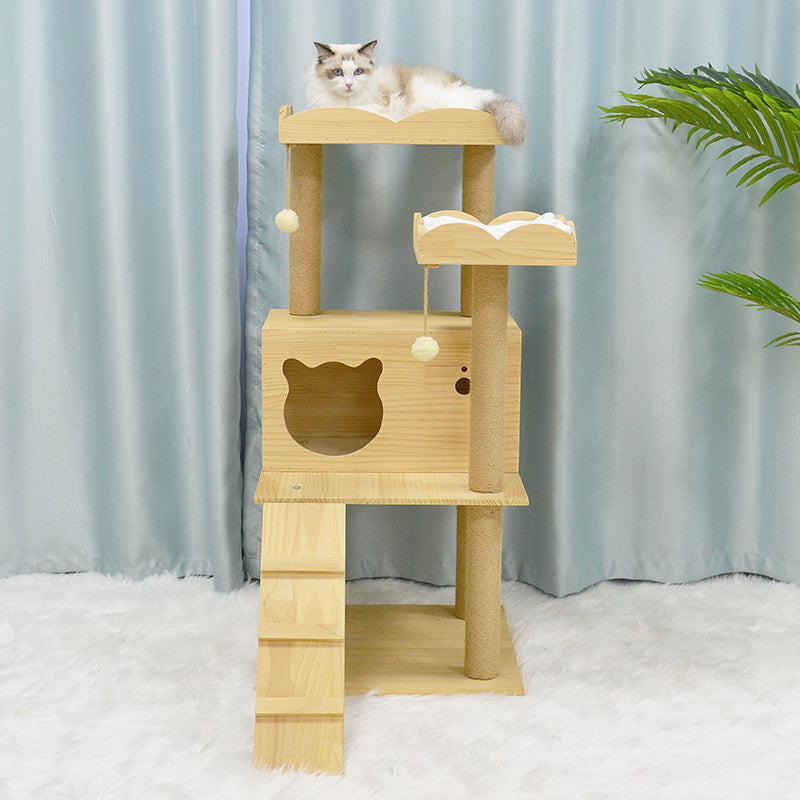 43 inches solid wood cat tree with cat head condo