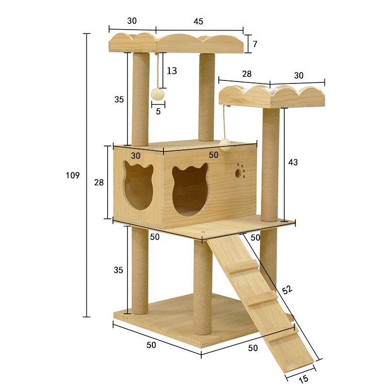 43 inches solid wood cat tree with cat head condo