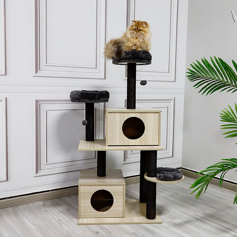 Luxury Wood Cat Condo with Plush Perch, Sisal Post, and Stable Base