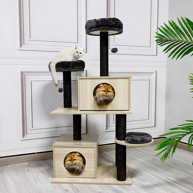 Luxury Wood Cat Condo with Plush Perch, Sisal Post, and Stable Base