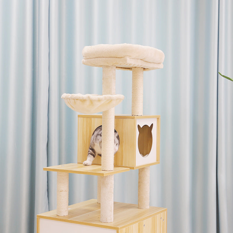 54 inch solid wood cat tree with cat head condo