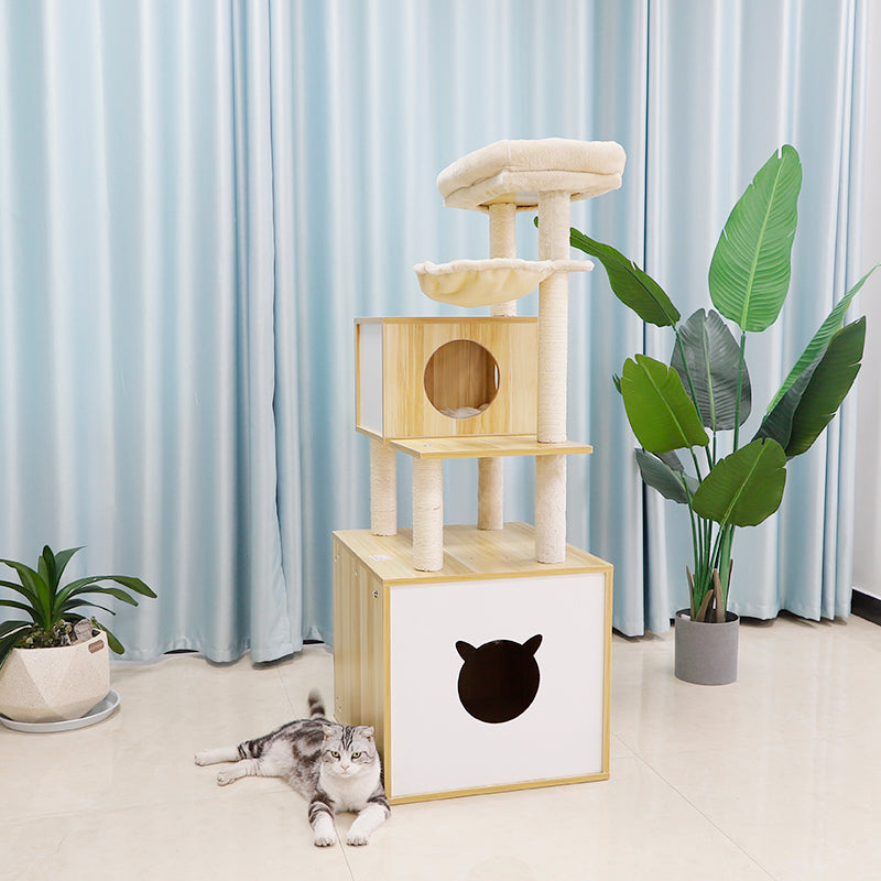 54 inch solid wood cat tree with cat head condo