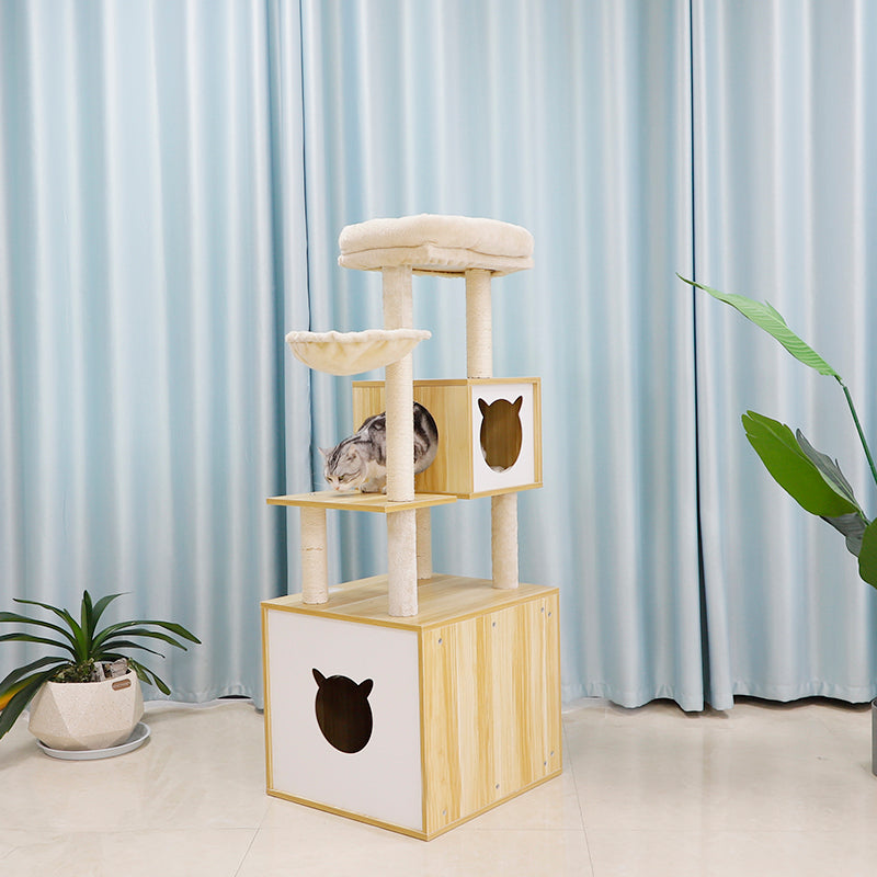 54 inch solid wood cat tree with cat head condo