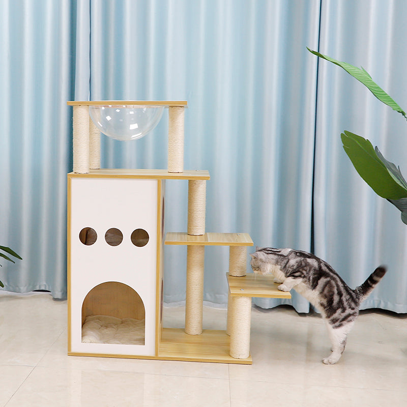 43-inch castle solid wood cat tree with space capsule