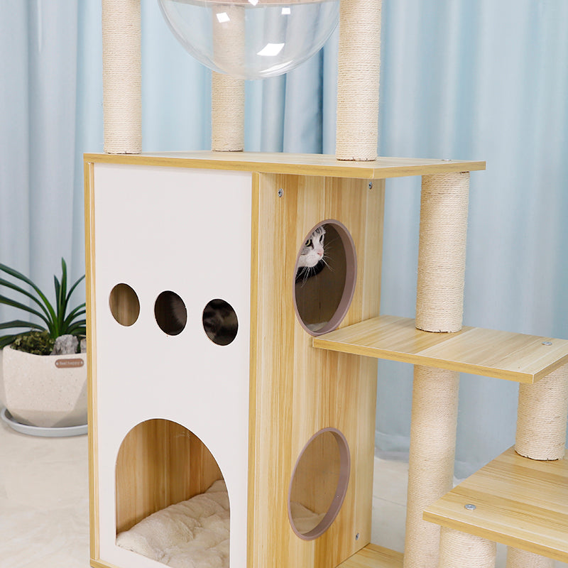 43-inch castle solid wood cat tree with space capsule