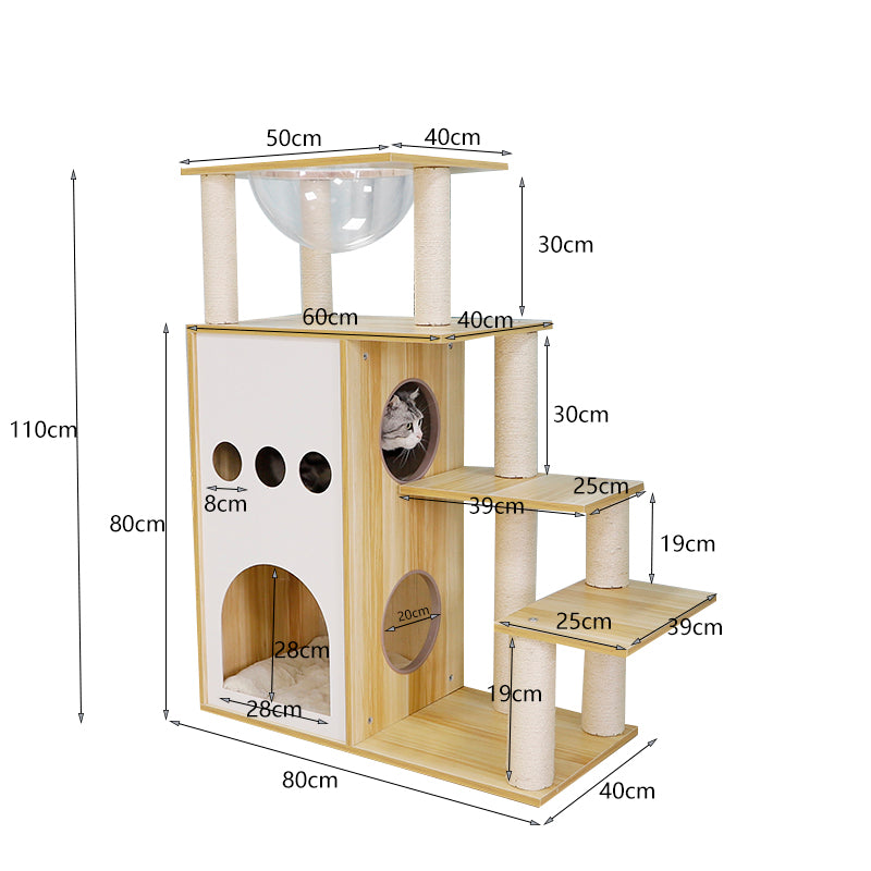 43-inch castle solid wood cat tree with space capsule