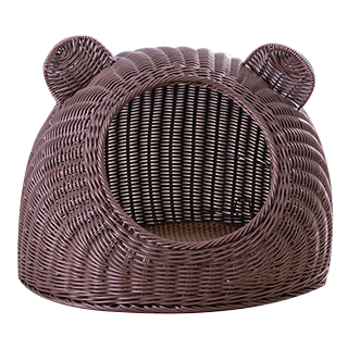 Carton bear head shape rattan-weaved cat bed with soft mat