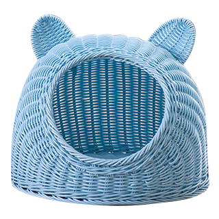 Carton bear head shape rattan-weaved cat bed with soft mat