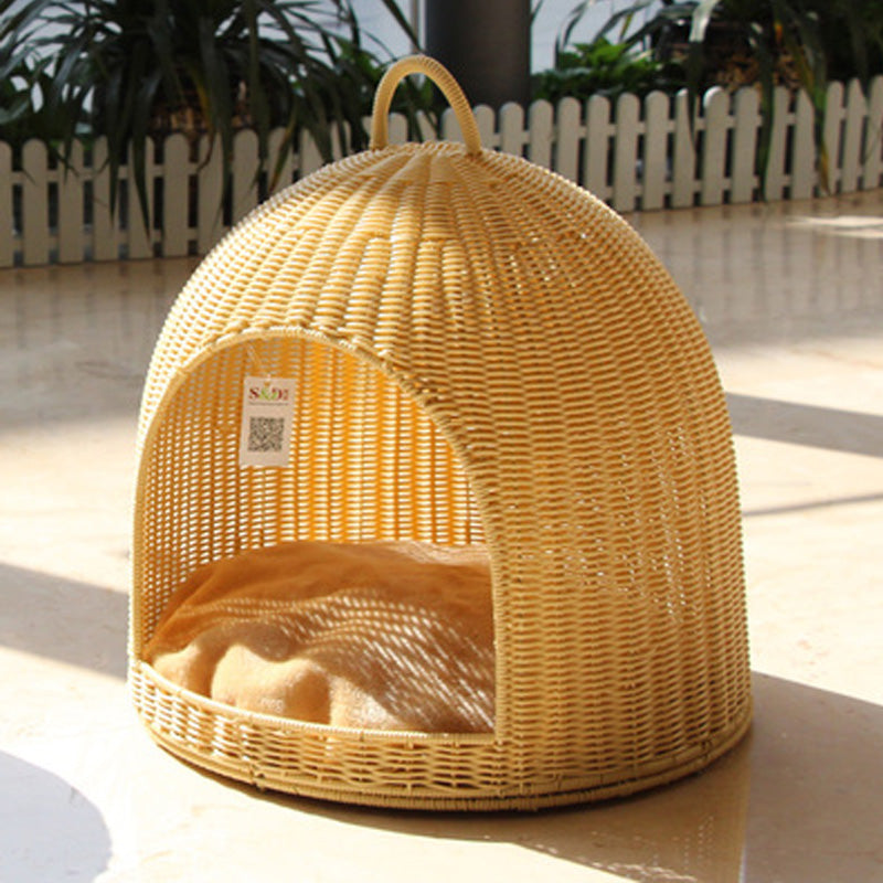 Birdcage shape rattan-weaved cat house with soft mat