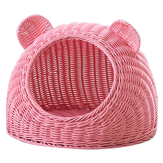 Carton bear head shape rattan-weaved cat bed with soft mat